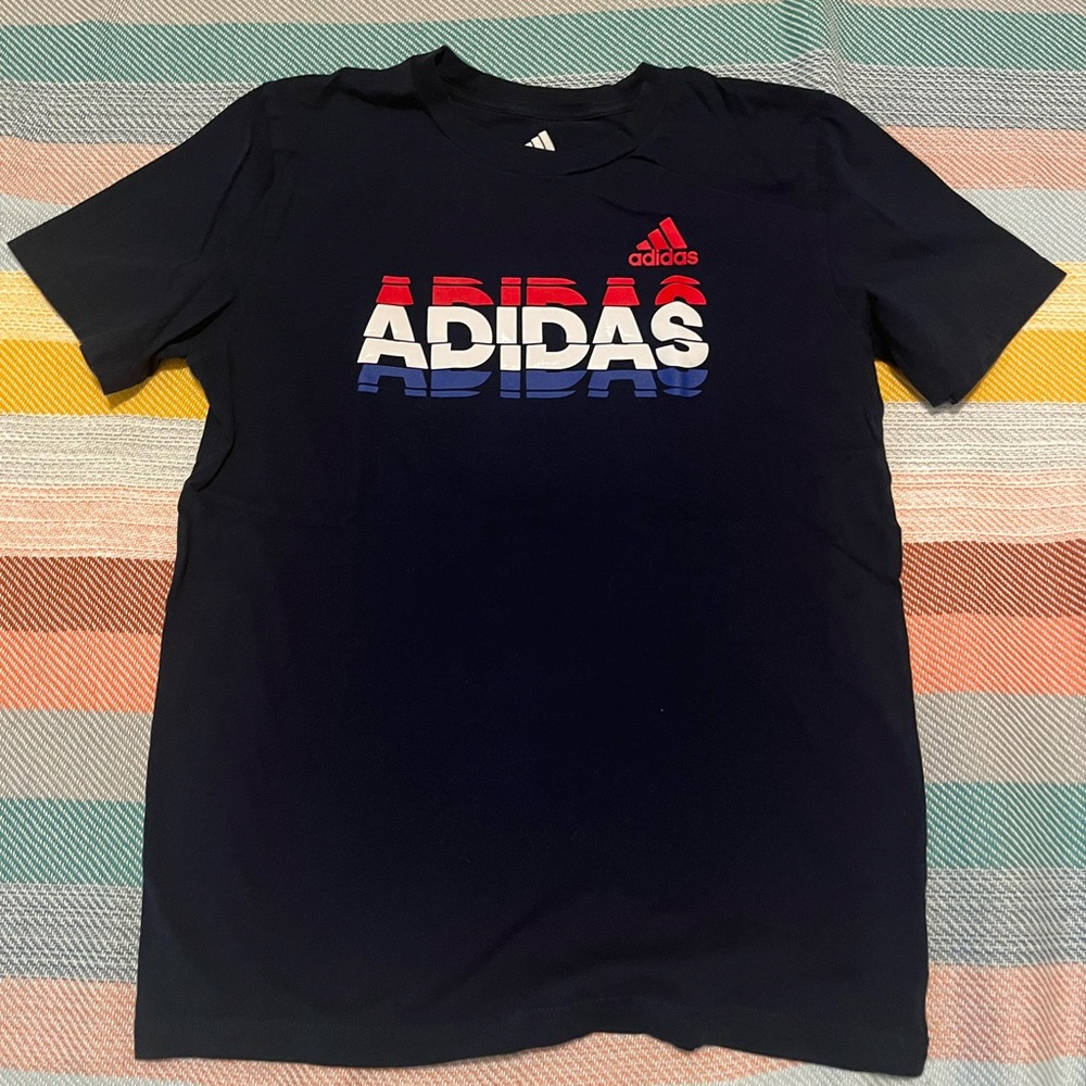 blue white red adidas tee